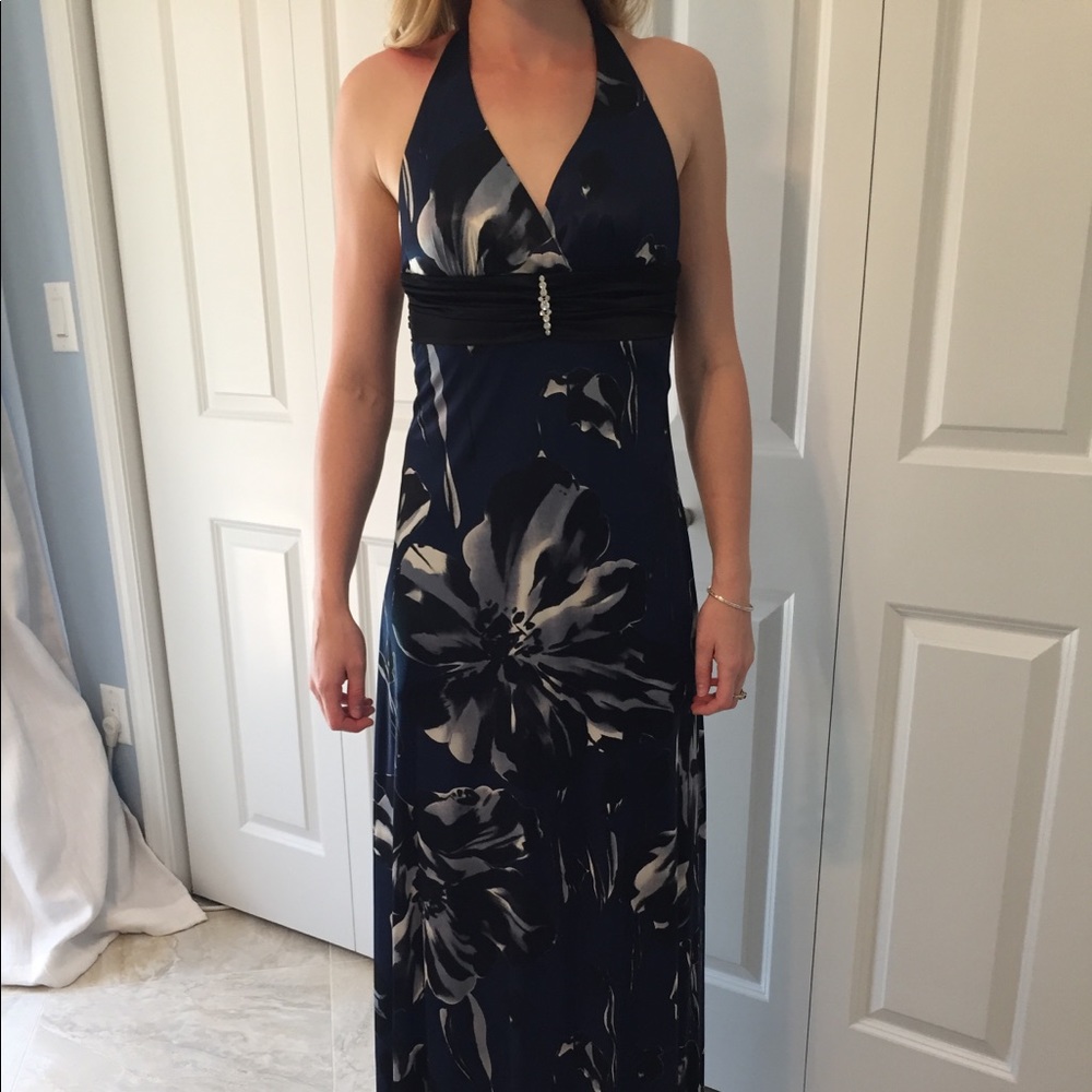 Navy blue/black floral gown with open back design